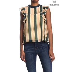 SCOTCH & SODA WOMEN NWT ALLOVER PRINT S/S RUFFLE MULTICOLOR BLOUSE. SIZE S